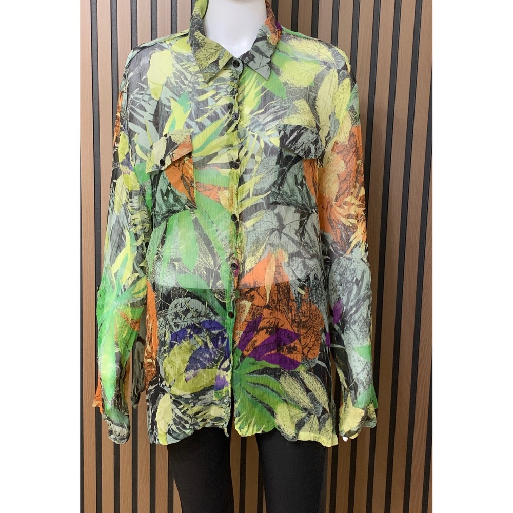 Chico's 100% Silk Tropical Leaf Print Button Down Shirt Green Orange Size 3 L XL
